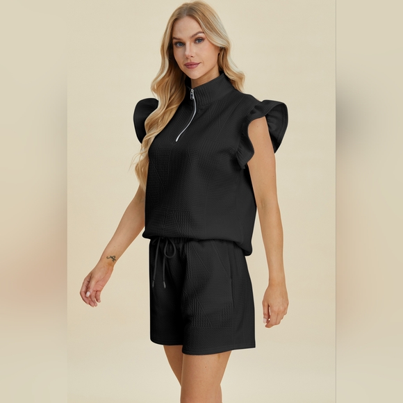 Double Take Full Size Texture Flounce Sleeve Top and Shorts Set - Picture 3 of 6